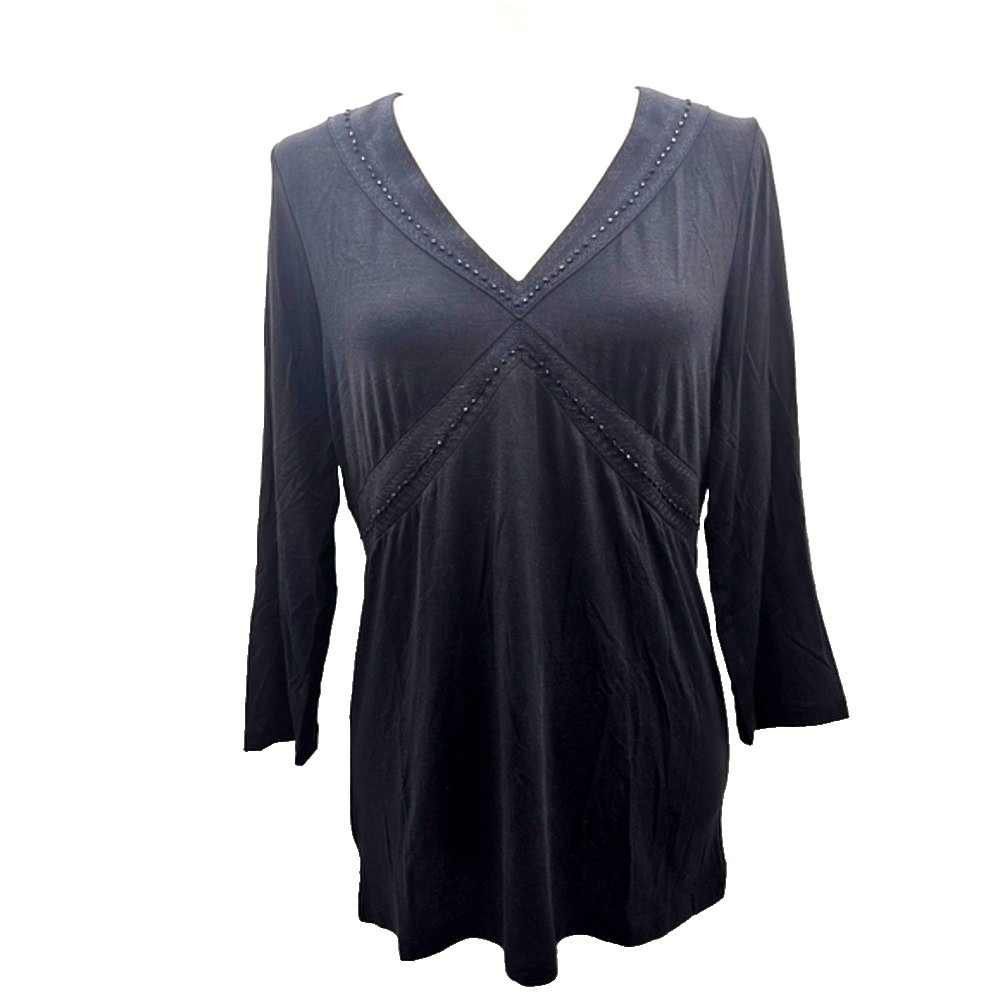 V-Neck Embellished Black Tunic Top, 3/4 Sleeve, Comfortable Everyday‎ Wear